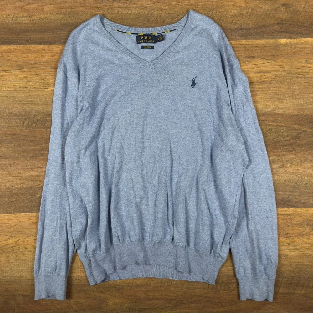 Polo Ralph Lauren Mens‎ Large Light Blue Pima Cotton V-Neck Sweater Pony Logo